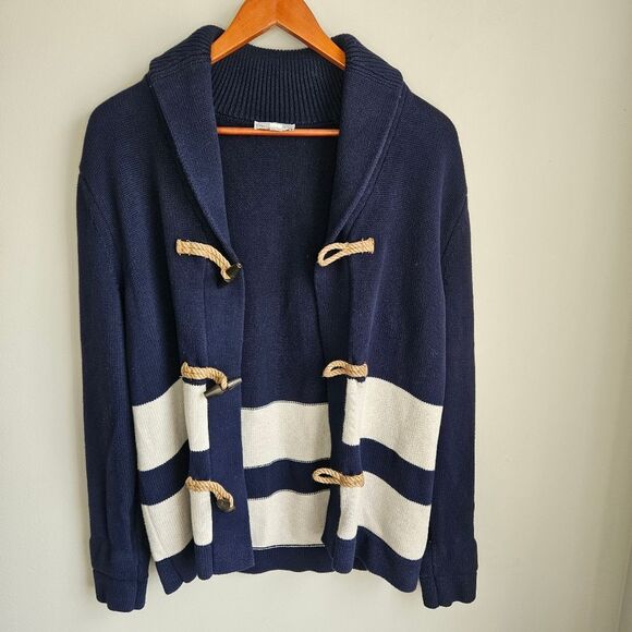 GAP Toggle Shawl Collar Cardigan Men's Small Nautical Navy Rustic Preppy Striped - Picture 4 of 7